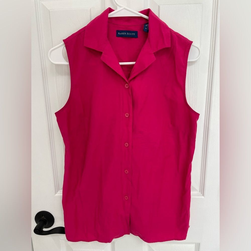 Karen Scott Hot Pink Magenta Sleeveless Botton Down Collared Shirt Womens Size S
